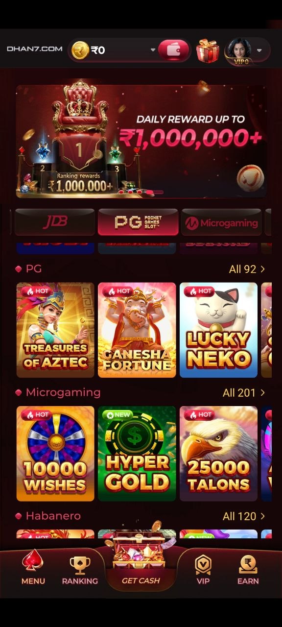 Dhan7 app gaming dashboard